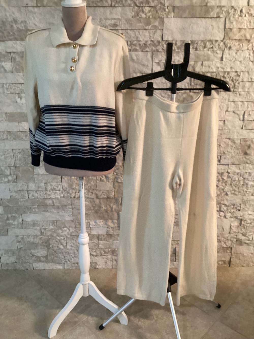 Vintage St. John Knit Set Cream Navy Nautical Striped Polo Large/Pants 14